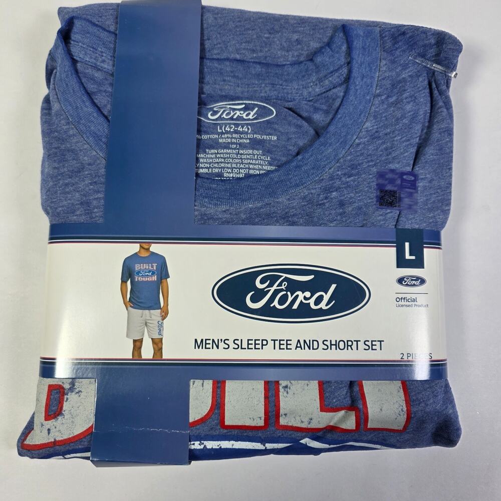 Ford Built Tough Men’s L 2 Piece Sleep Set T-Shirt Shorts Heather Blue Pajamas